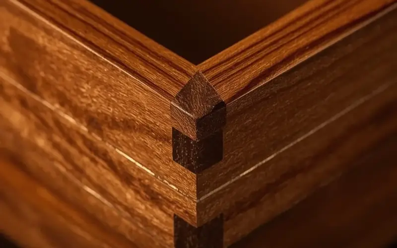 Close-up of a miniature hardwood box corner with contrasting dark spline keys