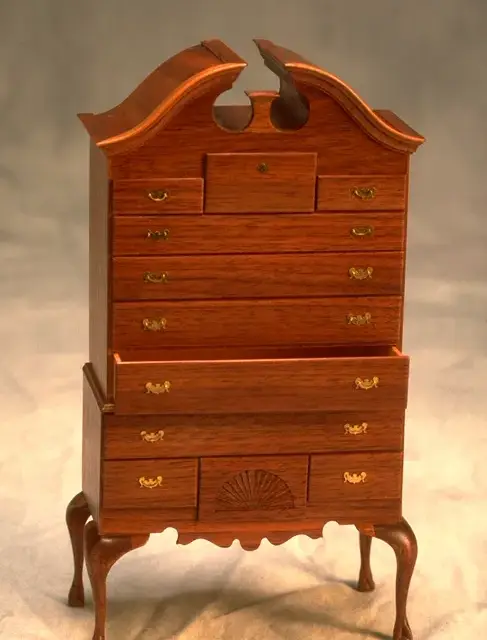 Queen Anne Style Highboy - Handcrafted 1/12 scale miniature in Black Walnut for sale