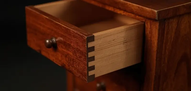 Close-up of hand-cut dovetail joints on a miniature drawer