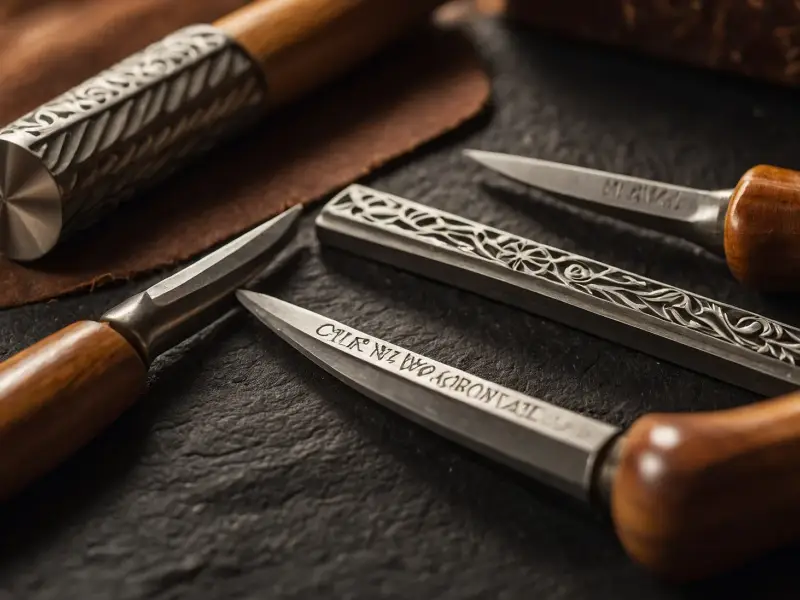 Illustrative photo of small wood-handled carving knives and an engraved metal stamp — not a photograph of this workshop