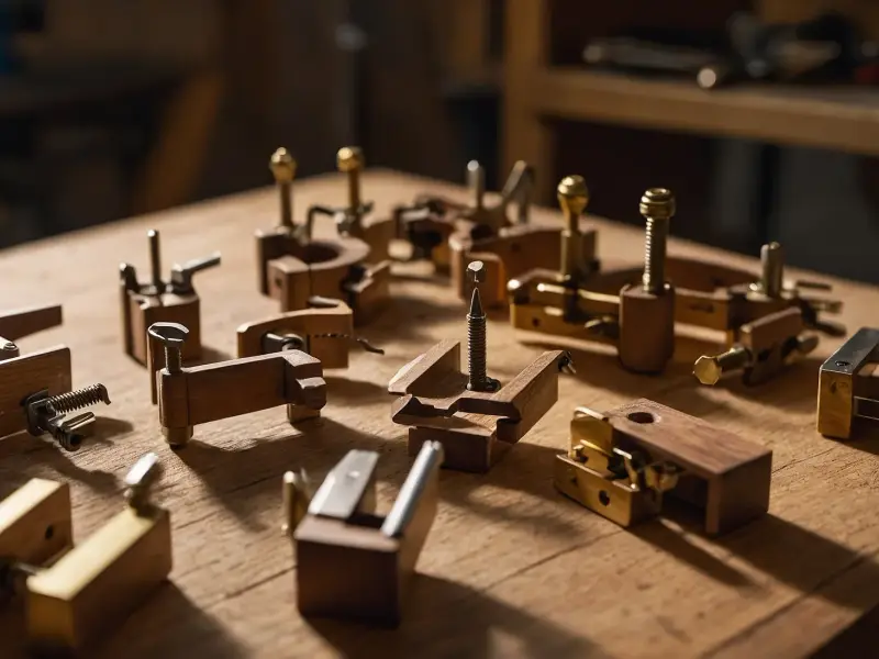 Illustrative photo of small wooden and brass clamps and jigs on a workbench — not a photograph of this workshop