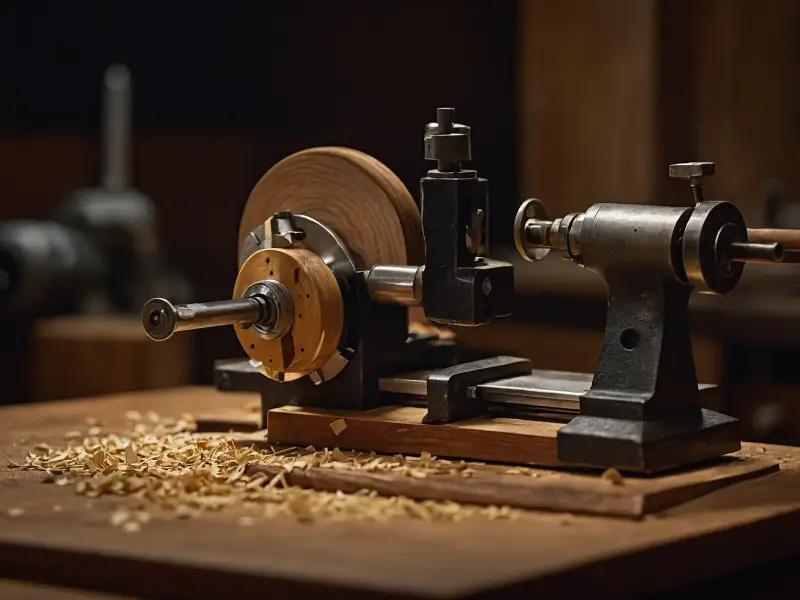 Illustrative photo of a miniature metal lathe holding a round wood blank — not a photograph of this workshop