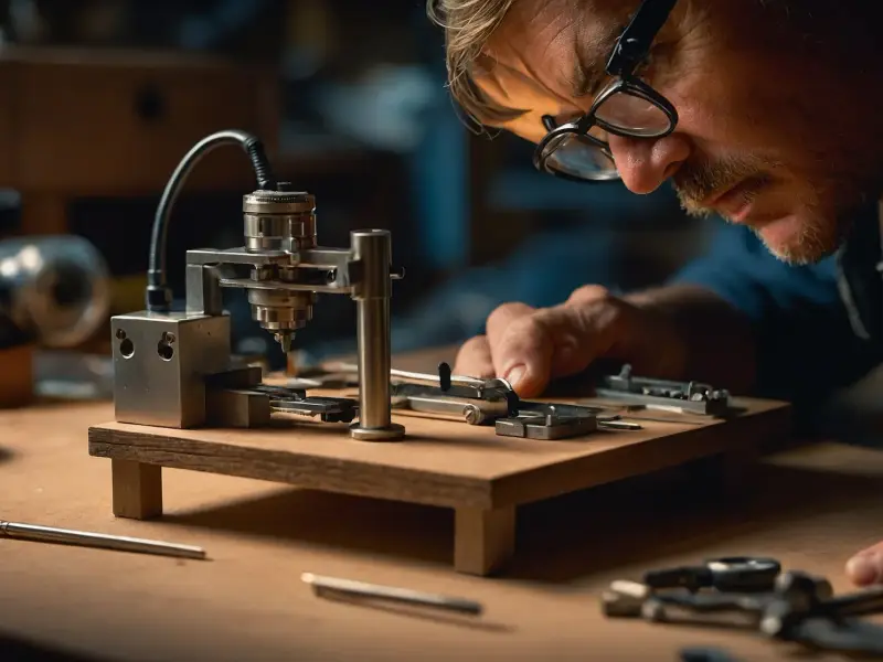 Illustrative photo of a craftsman in glasses working at a miniature drill press — not a photograph of this workshop