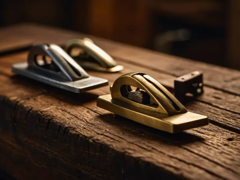 Illustrative photo of miniature metal hand planes on a wooden bench — not a photograph of this workshop
