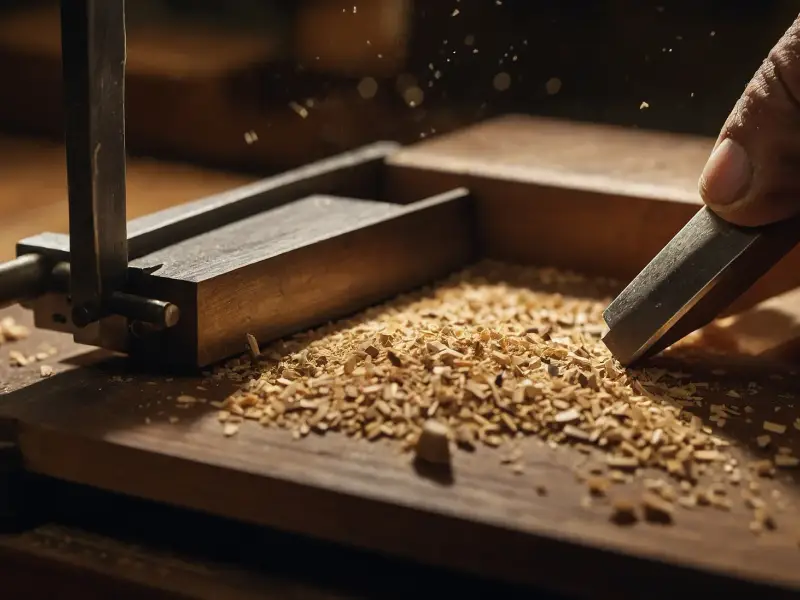 Illustrative photo of a small chisel, bench jig, and wood shavings — not a photograph of this workshop