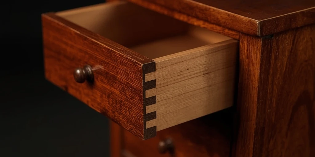 Close-up of hand-cut dovetail joints on a miniature drawer
